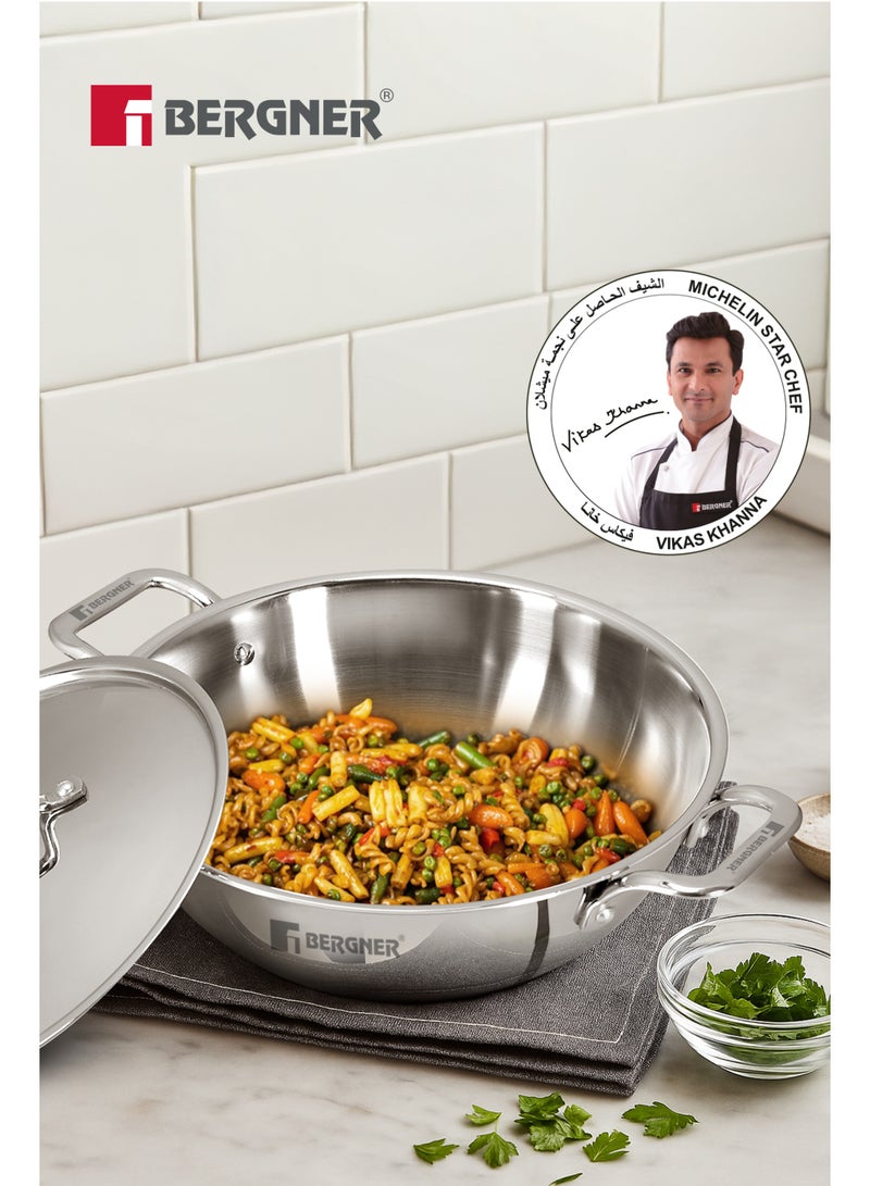 Bergner TriPro 24cm (3.1L) Triply Stainless Steel Deep Stir-fry Pan with Lid, Heavy Base Kadai Wok, Even Heating, Less Oil Healthy Cooking Cookware, Induction & Gas Stove Compatible - Image 5